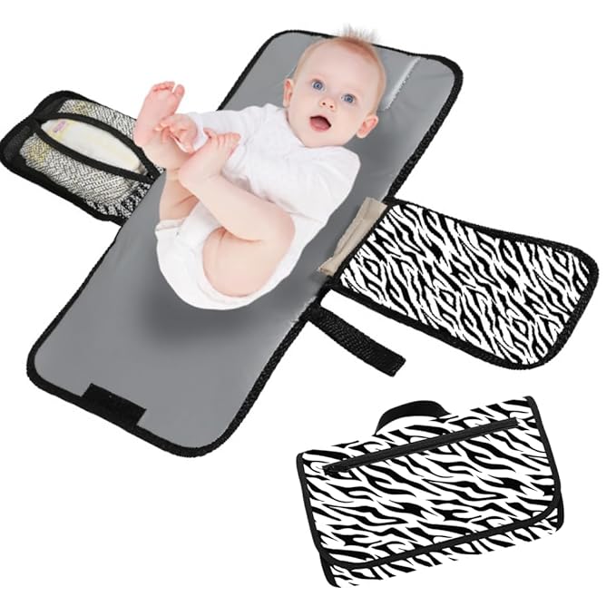 Love By Emi Portable Diaper Changing Pad, A Waterproof Travel Station and Foldable Clutch with Storage Pockets, an On-The-Go Baby Essential for Newborns and Toddlers with Cute Animals Pattern (White)
