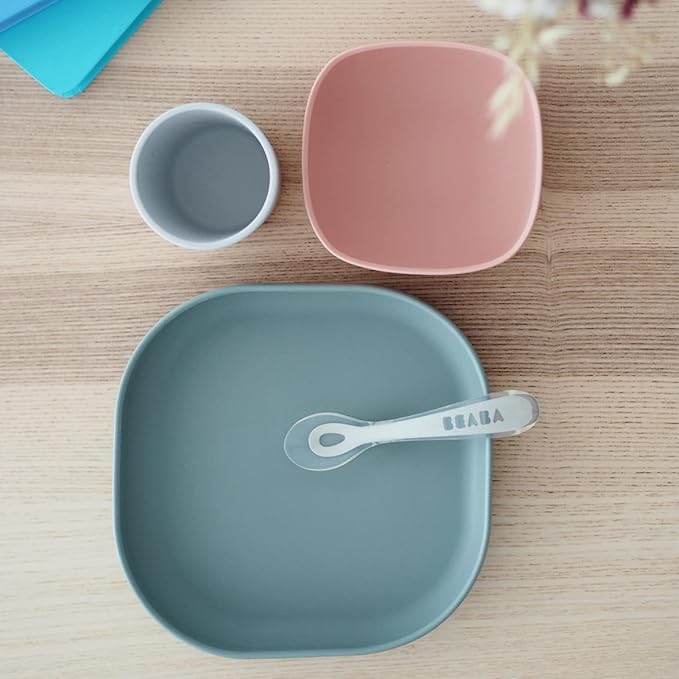 BEABA Silicone 4 Piece Baby Feeding Set, Suction Plates for Baby, High Grade Food Safe Silicone, Baby Must Haves, Eucalyptus
