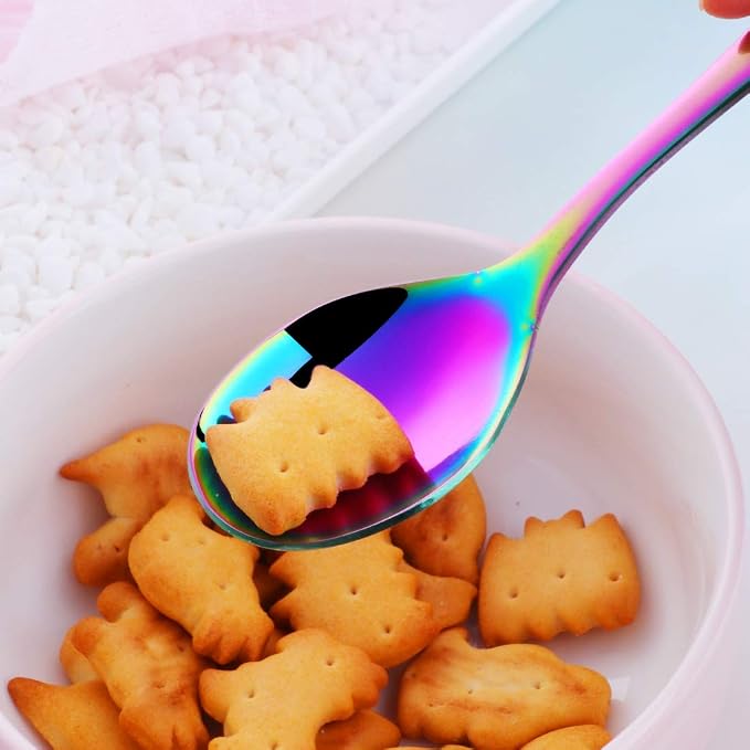 Stainless Steel Kids Silverware with Training Chopsticks, 8 Pieces Rainbow Toddler Utensils for 4-12 Years Old, Food Grade Metal Kids Utensils Set, Children Safe Flatware, Dishwasher Safe, Poylim
