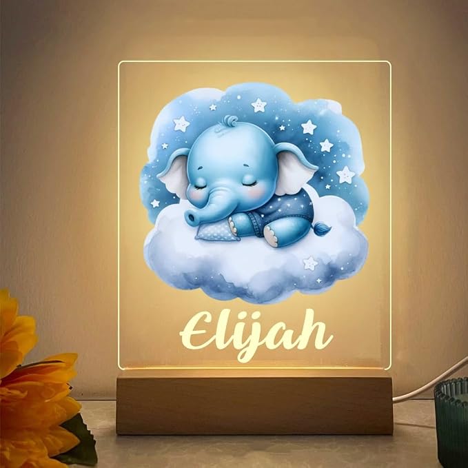 Custom Name Baby Night Light, Adorable Animal Pattern LED Nursery Lamp, Thoughtful Personalized Gift for Newborn Boy & Girl, Acrylic Bedside Decor (Elephant)