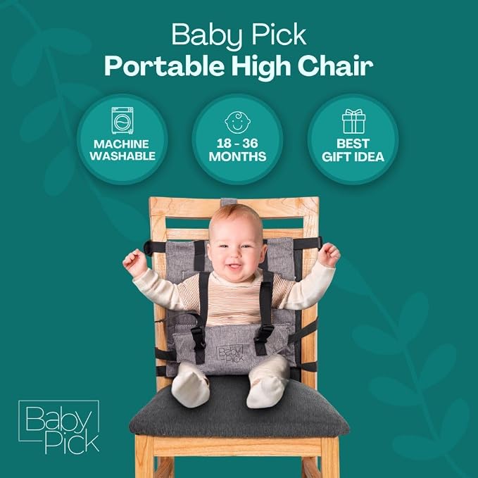 Portable High Chair for Travel by Baby Pick – Harness Seat, Foldable & Lightweight Gear, Adjustable Straps for Babies & Toddlers, Compact & Secure, Machine-Washable, Must-Have Baby Travel Essential