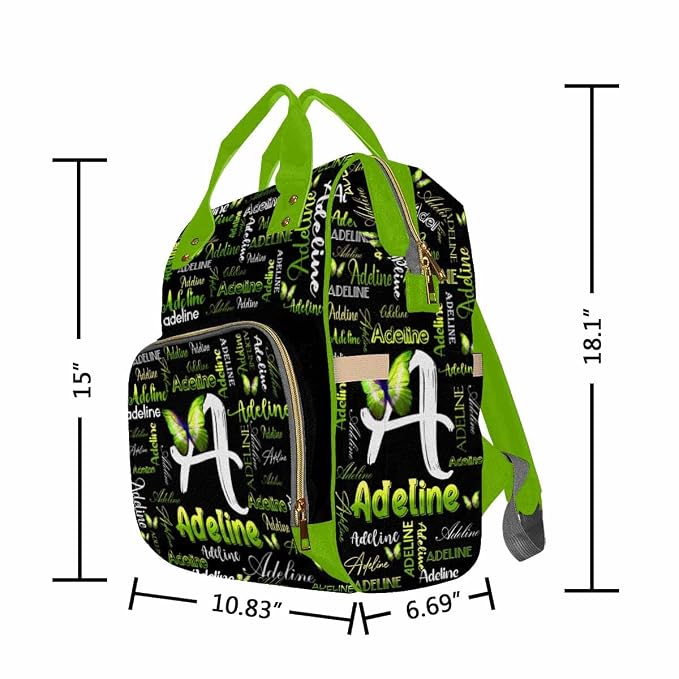 InterestPrint Custom Name Diaper Bag Customized Green Butterfly Signature Nappy Bag Personalized Monogram Laptop Backpack with Name Nursing Bags Shoulders Bag Casual Daypack Travel Bag for Women