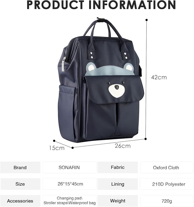 SONARIN Stylish Large Capacity Diaper Bag Backpack,Travel Nappy Changing Bag Mommy Bag with Changing Mat & Stroller Straps(Dark Blue)