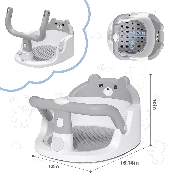 Baby Bath Seat for Babies 6 Months & Up, Non-Slip Toddler Bath Seat with Suction Cup, Baby Friendly and Comfortable Portable Infant Bathtub Chair Sitting Up for Bathroom (Grey)