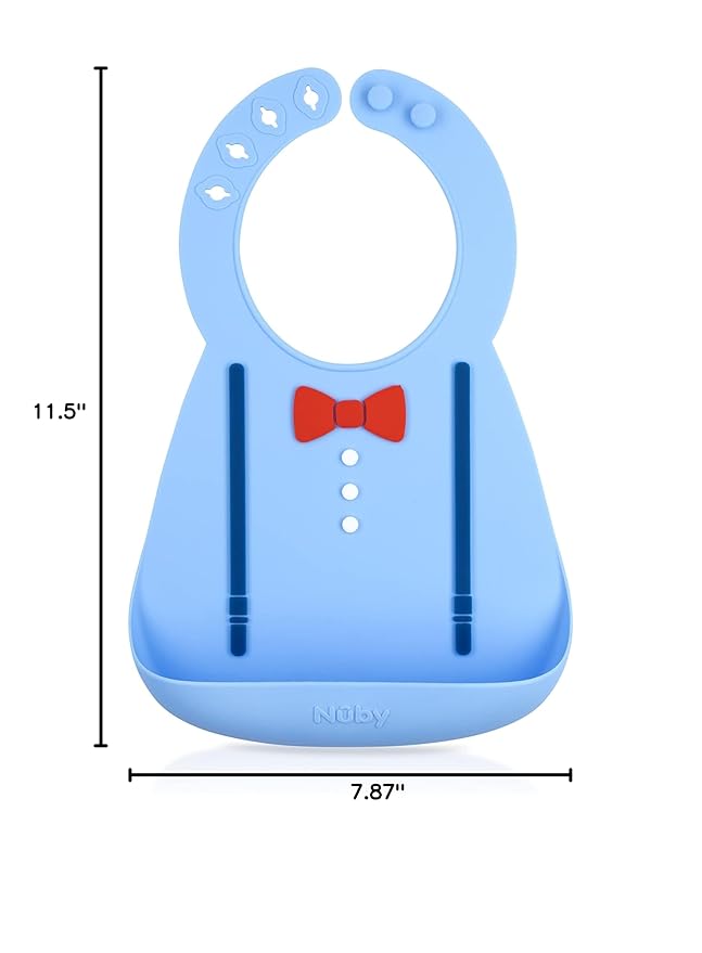 Nuby 3D Soft Silicone Baby Bib with Scoop - Silicone Bib for Toddlers and Babies 6+ Months - Suspenders and Bow Tie