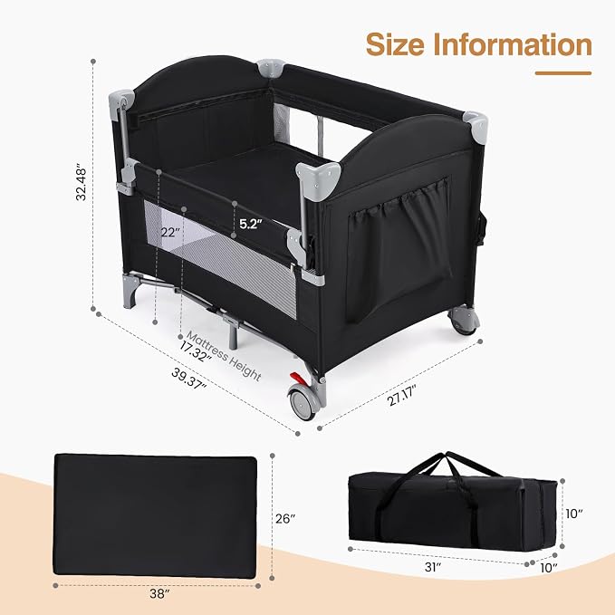 JOYMOR 4 in 1 Pack and Play, Baby Bedside Bassinet, Sturdy Play Yard with Padded Mat and Music Bar with Soft Animals