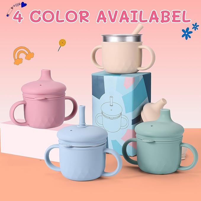 BUSOHA Stainless Steel Toddler Sippy Cup ??8oz Spill-Proof Straw Cup for 6+ Month Babies & Toddlers, 3-in-1 Reusable Travel Cup with Brush ??Dishwasher Safe, Kids Drinking Cup, Pink