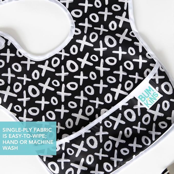 Bumkins - SuperBibs + Sleeved Bib - For Boys & Girls, Babies & Toddlers 6-24 Months - Lightweight, Durable, Waterproof - Catch-All Pocket - Wipeable & Machine Washable - Black Hearts on White - 3 Pack