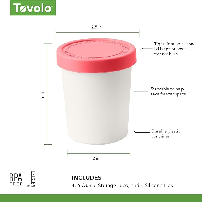Tovolo Mini Ice Cream Containers 6oz for Homemade Ice Cream Set of 4, Reusable Ice Cream Storage Containers for Freezer with Silicone Lids, Small Ice Cream Tubs Stackable BPA Free, Assorted Colors