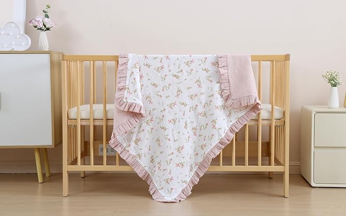 Flounce Muslin Baby Blanket - Cotton Quilt Blankets for Toddlers - Reversible Nursery Crib Blanket for Baby Boys and Girls 36"x40" (Green)