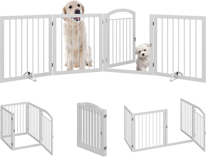 JSB 96-inch Extra Wide 30-inch Tall Dog gate with Door Walk Through, Freestanding Round Tube Pet Gate for Halls Stairs, Puppy Safety Dog Fence with 2PCS Support Feet (White)
