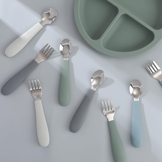 CoixFoam 8 Pieces Toddler Utensils, Toddler Safe Silverware Set With Food Grade Silicone Hanlde, 18/8 Stainless Steel, Perfect Length For New Self Feeders, Dishwasher Safe