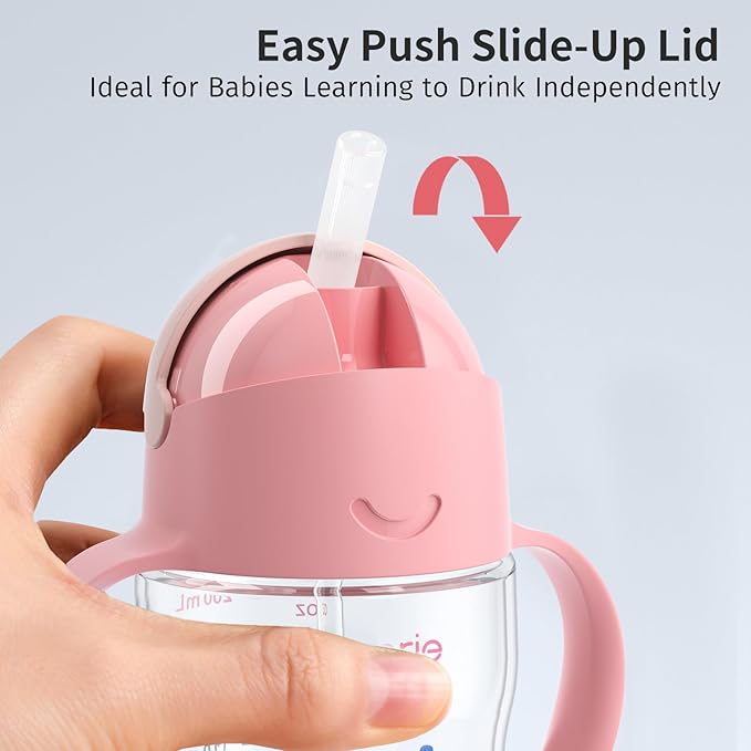 Evorie Tritan Weighted Straw Sippy Cup with Handles for Baby and Toddlers, Spill Proof Baby Water Bottle with Straw for 6 Months and up, 7 Oz, Infant Training Water Bottle (Pink Fairy Tale)