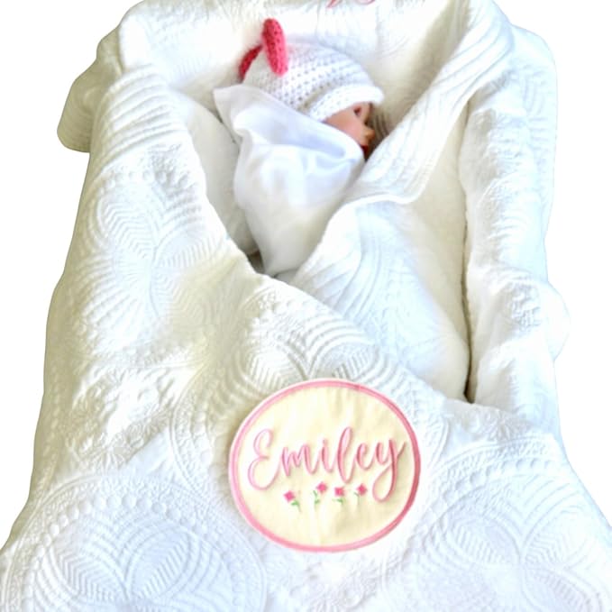 Baby Blanket Quilt Embroidered Crib Size with Name and Date or Classic Blank or Beautiful Cross (White Gift Quilt Classic)