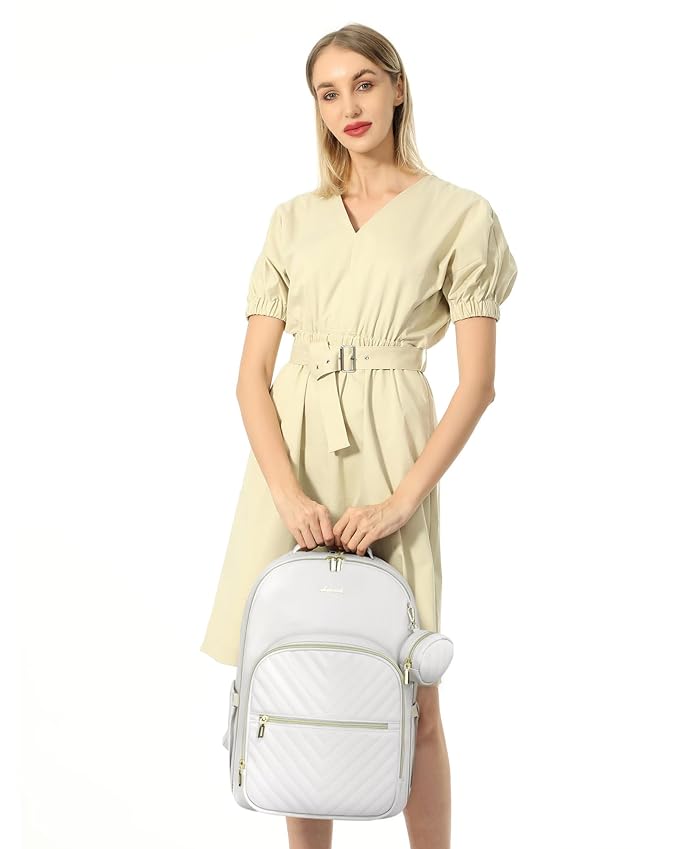LOVEVOOK Leather Diaper Bag Backpack, Quilted Baby Bag with Changing Pad & Pacifier Holder, Waterproof Travel Diaper Bags for Baby Boys Girls, Stylish and Large Capacity, Beige