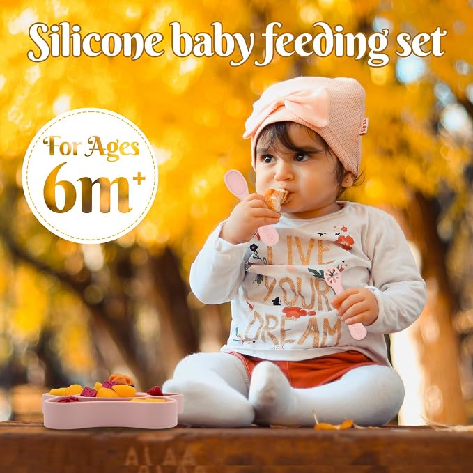 BabyX Silicone Feeding Set (3 PCs) Cove & Coast Series, Baby Plate with Suction Cup, Training Spoon and Fork, BLW Utensils for Toddler Kid, BPA-Free, Microwave/Dishwasher Safe - Pink Sea Star