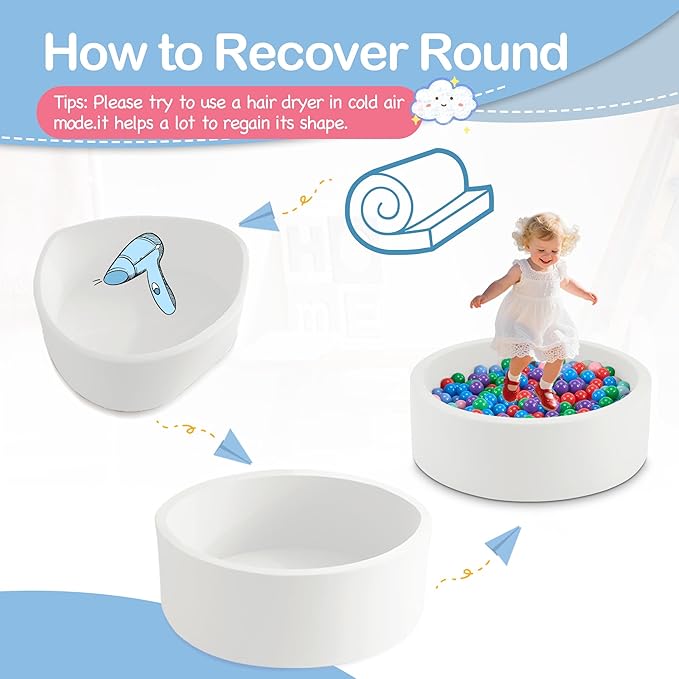 47.2" x 15.7" Foam Ball Pit for Toddlers, Baby Round Balls Pool for Babies 1-3, Kids Play Ball Pits for Boys and Girls, Balls Not Included, White