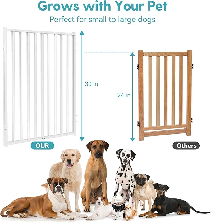 No Pawblems Free Standing Dog Gate with Door, 30'' Tall Foldable Dog Fence for Indoor & Outdoor, Up to 78 Inch Extra Wide Puppy Gate for Stairs, Hallways, Doorways, Deck, Yard (White, 3 Panels)