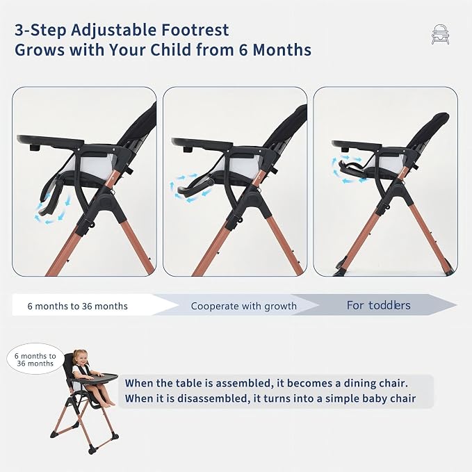 Portable & Foldable 3-in-1 High Chair for Baby, Adjustable Feeding Chair with Double Removable Trays, Compact Travel High Chair, Convertible Toddler Chair for 6-36 Months