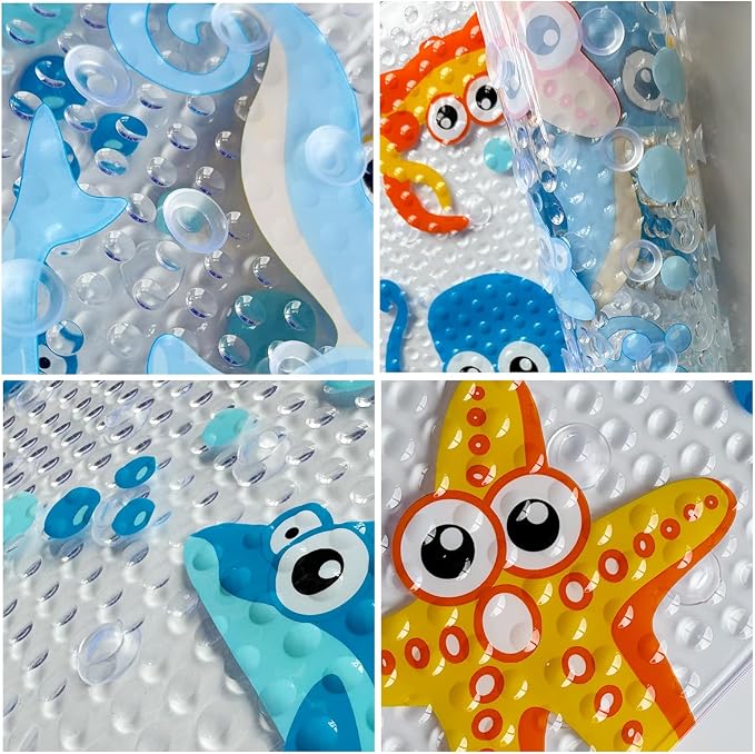 PTAPIPI Sea Animal Kids Bath Mat - 27x15 Inch Oval PVC Mat with Suction Cups, Machine Washable, Colorful Design for Children (Cute Cartoon Octopus)