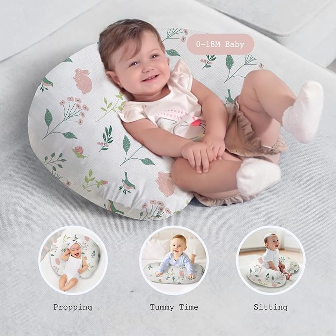Little Grape Land Muslin Nursing Pillow, Soft 100% Cotton Breastfeeding Pillow with Breathable Cotton Removable Cover, Pink Bunny Breast Feeding Pillows for Babies 0-12 Months with Protective Zipper