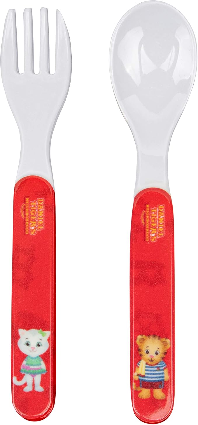 Daniel Tiger 5 Pc Mealtime Feeding Set for Kids and Toddlers - Includes Plate, Bowl, Cup, Fork and Spoon Utensil Flatware - Durable, Dishwasher Safe, BPA Free (Red)