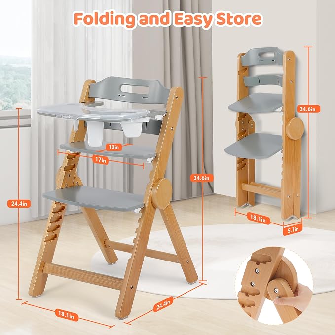 Ezebaby Wooden High Chair Grow with Your Child, Foldable Baby High Chair with Adjustable Seat and Footrest Heights, High Chair for Babies and Toddlers with Cushion and Large Double Layer Tray(Grey)