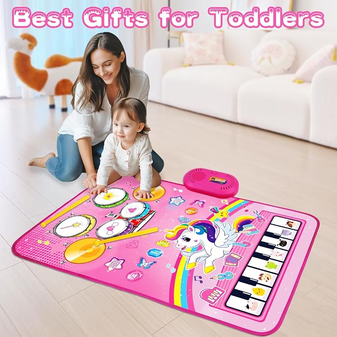 Toys for 1 Year Old Girl Gifts: Baby Music Mat Toddler Toys Age 1-2 - 3 in 1 Piano Drum Animal Touch Unicorn Toy - Infant Musical Toy 12-18 Months Babies Birthday Easter Gifts for 1 2 3 Year Old Girls