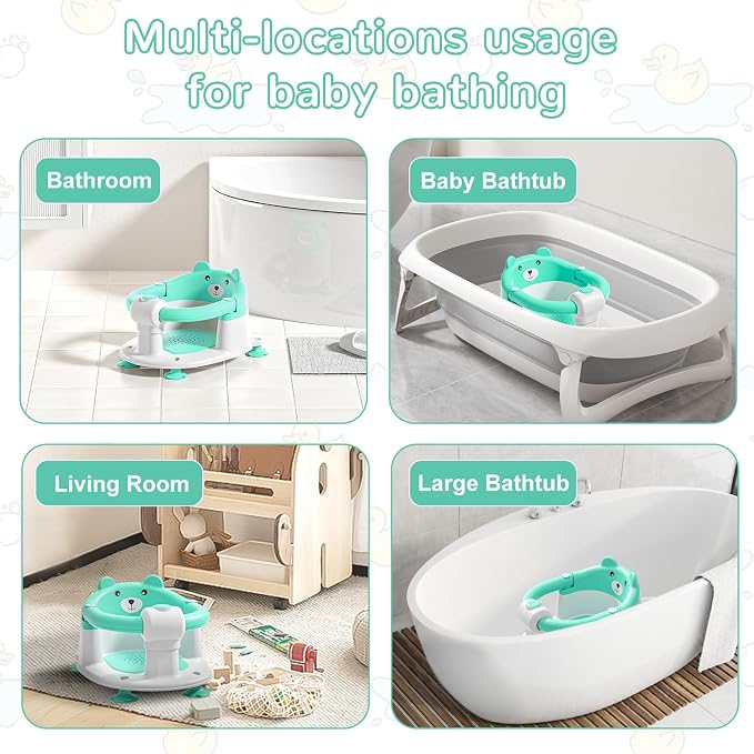 Baby Bath Seat for Babies 5-10 Months, Non-Slip Toddler Bath Seats for Babies Sitting Up, Safe Infant & Newborn Bathtub Chair with 4 Suction Cups & Soft Cushion for Shower,Mint