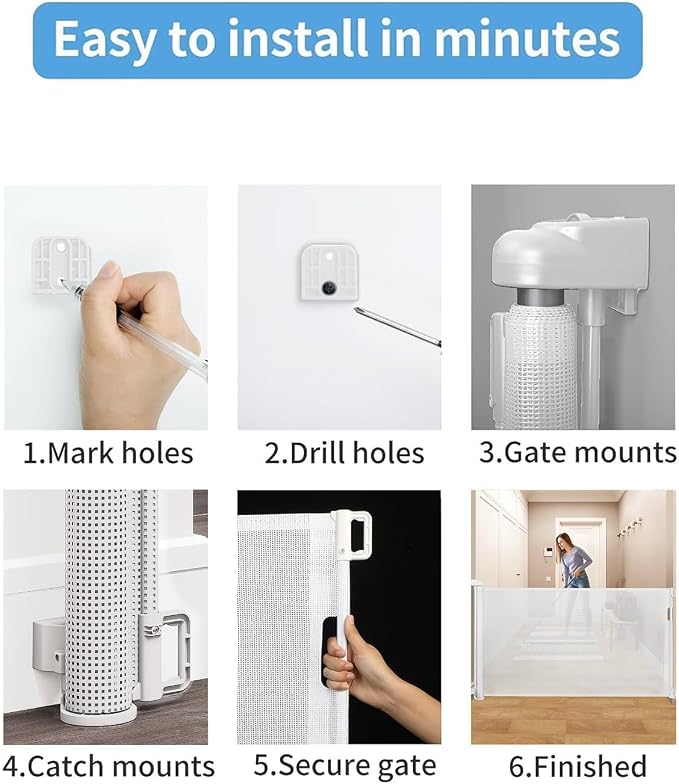 Retractable Baby Gate for Stairs – 33” Height, Expands up to 55” Width – Safety Gate for Infants, Toddlers, Dogs & Pets – Easy Install, Secure Closure, White Mesh Design for Indoor & Outdoor Use