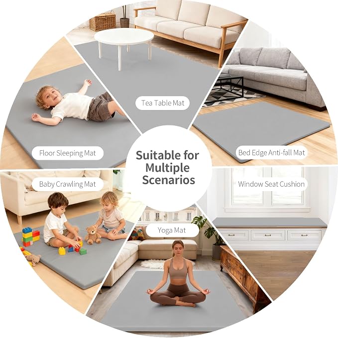 Baby Play Mat for Floor, 50"×50" Playpen Mat, 1.3" Thick Elasti-Foam, Non-Slip Crawling Mat for Tummy Time, Waterproof & Wipe-Clean Playmat for Toddler,Infant, Kids (Grey)