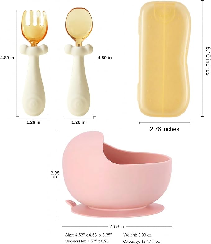 Baby Silicone Spoon & Fork Set with 360° Bendable Utensils, Suction Bowl, BPA-Free PPSU Case Included, Self-Feeding Training Set for Infant & Toddler (Milk White)