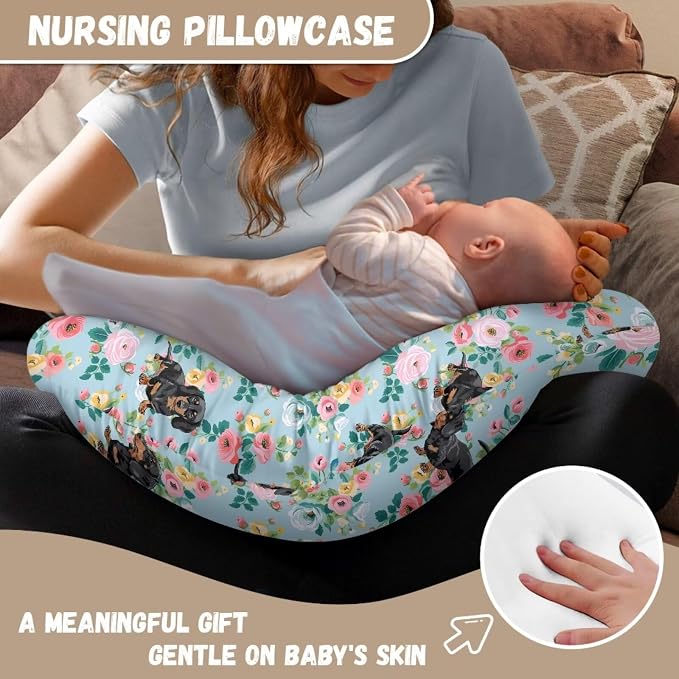 Jeiento Floral Black Dachshund Dog Nursing Pillow Cover Cartoon Blue Slipcover for Baby Removable Comfort Pillow Slipcovers for Breastfeeding U-Shaped Pillows