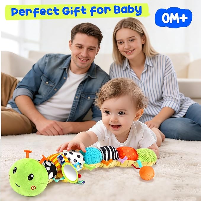 Baby Stuffed Caterpillar Toys for 0-6 6-12 Months, Musical Animal Sensory Toys for Infant 3 6 9 12 18 Months, Tummy Time Toys with Mirror Rattle Crinkle for Newborn Boys Girls Shower Gifts