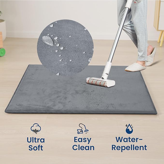 Huloo Sleep Baby Play Mat for Floor,1.3" Thick Elasti-Foam Large 59"×71" Playpen Mat,Non-Toxic Certified Water-Repellent Coral Velvet, Non-Slip Safe Crawling Mat for Tummy Time, Toddler & Infant (Dark Grey)