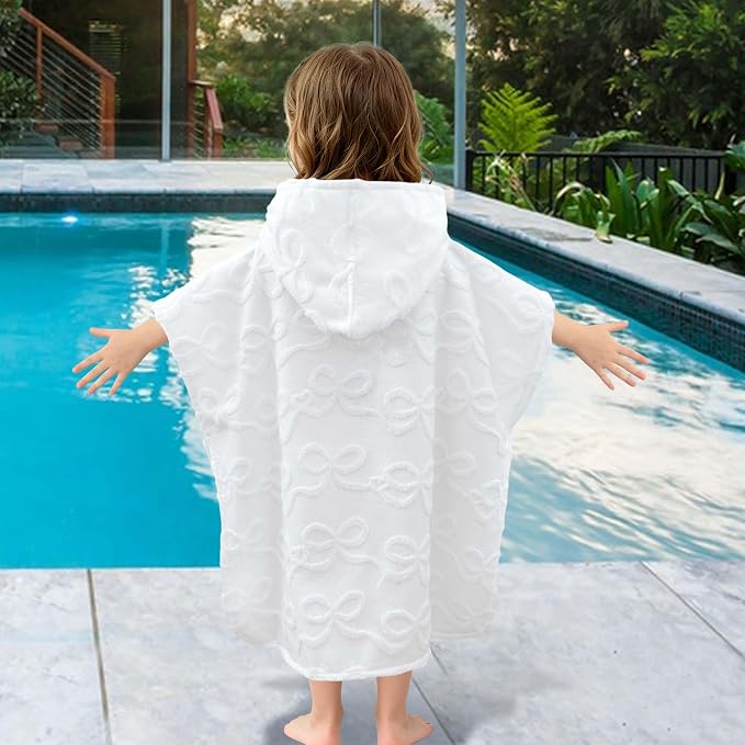 Toddler Beach Towels with Hood, Oversized (2-4Years,21"X21") Made from 100% Soft Cotton,Absorbent Hooded Poncho Towel for Baby Girl,Perfect for Pool | Swimming | Bath | Beach,Jacquard White Bow