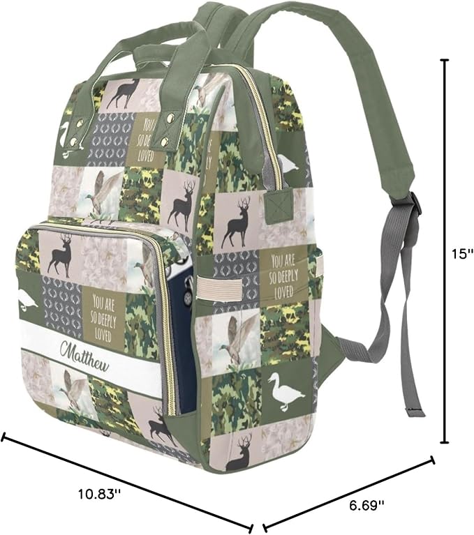 Custom Diaper Bag for Women, Personalized Name Multifunction Nylon Nursing Mommy Daypack with Large Capacity for Travel, Birthday Mother Gift (Deer Hunting)