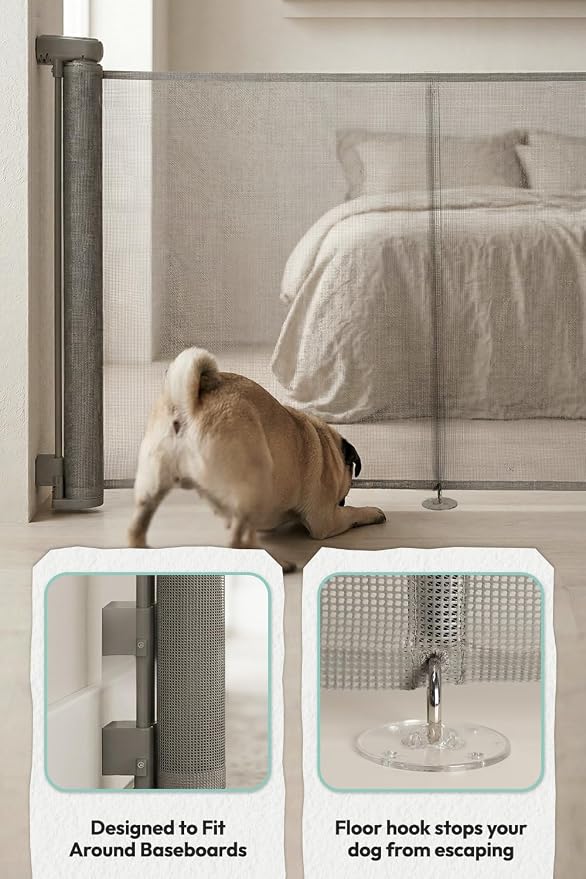 15.7" H Mesh Short Dog Gate, Extends Up to 59" W Retractable Pet Gate with Drill Installation, Small Dog Gate for Stairs, Easy Step Over Low Puppy Gate for Doorways Indoor Outdoor, Grey