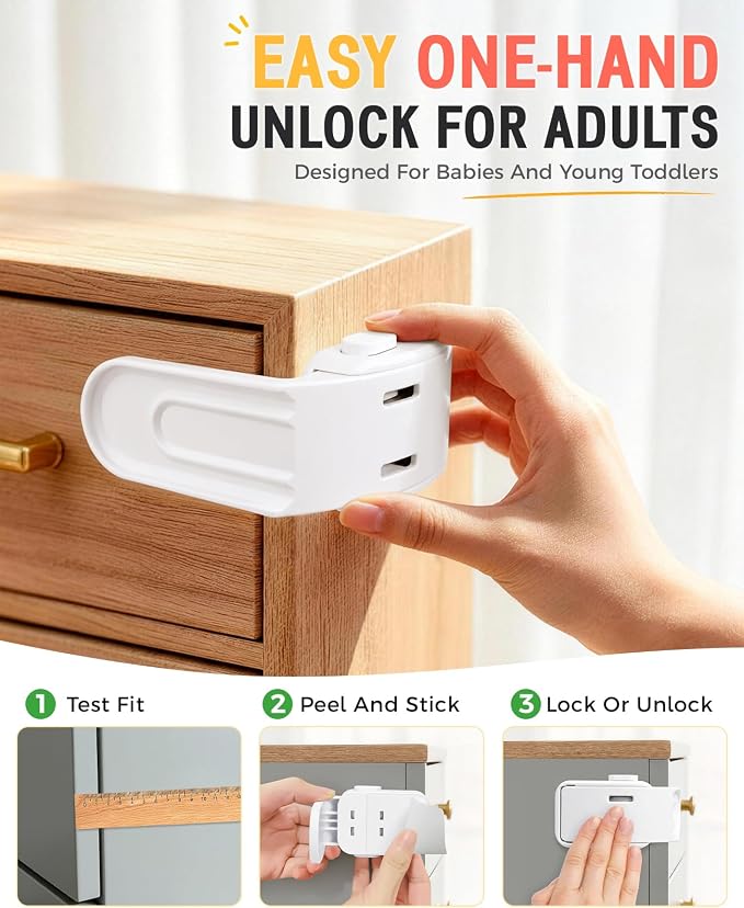 Maveek Baby Safety Drawer Lock - 4 Pcs Upgraded Baby Proofing Locks, One Hand Operation Infant Latches For Corner Drawers, Kitchen Cabinets, No Drill Child Proofing Kit (White)