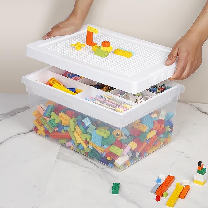 loobuu Plastic Storage Bins with Lids - 1 Set Stackable Arts Crafts Organizer Box with Removable Divided Tray &Compatible Building Baseplate,Toy Chest Containers for Bricks -White(14.37"x9.64"x6.69")