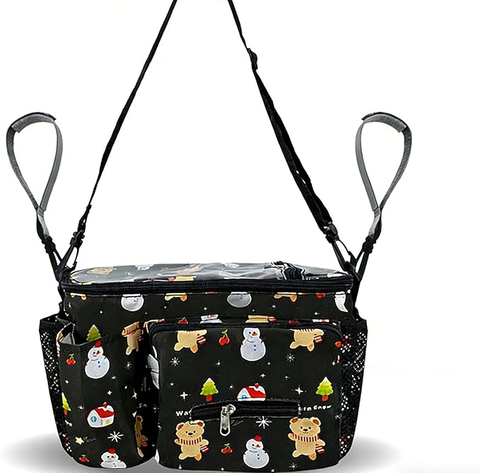 Stroller Organizer Bag, Universal Baby Stroller Caddy with Cup Holders, Large Capacity Storage Bag for Diapers, Toys, Snacks, Fits Most Strollers (Black with Print)