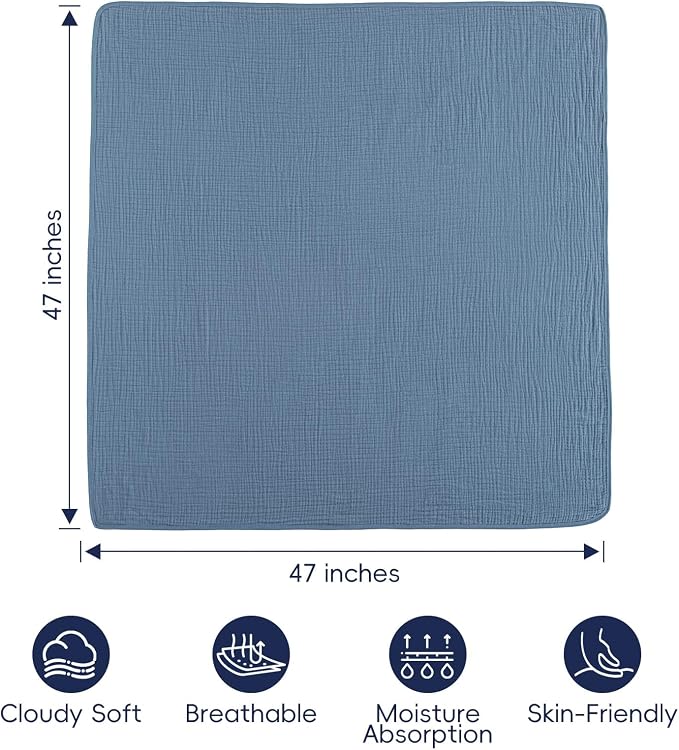 PHF Baby Muslin Swaddle Blanket, 100% Cotton Soft Breathable Receiving Blankets for Boys and Girls, 4-Layer Swaddle Wrap Burping Clothes, Baby Essentials, Large 47 x 47 inches, Prussian Blue
