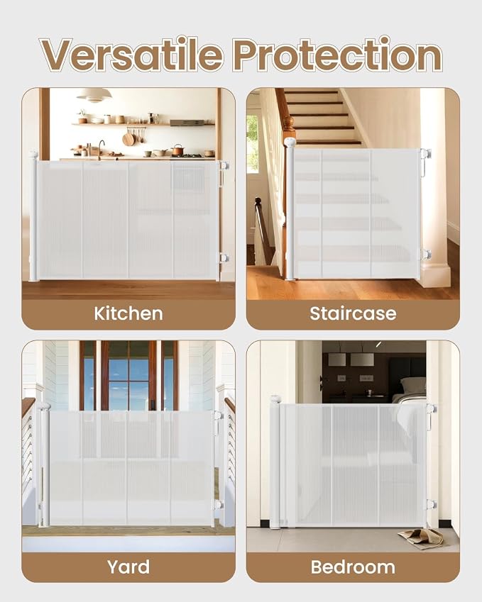 55" Retractable Baby Gates, 34" Tall Mesh Baby Gate with 4 Reinforced Rods, Prevents Kids & Dogs from Crawling Under, Retractable Dog Gate for Doorways, Hallways, Indoor/Outdoor, White