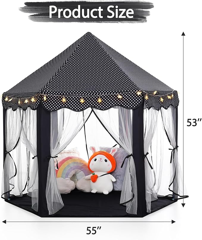 Monobeach Princess Tent Girls Black Large Playhouse Kids Castle Play Tent with Star Lights Gift Toy for Children Indoor and Outdoor Games