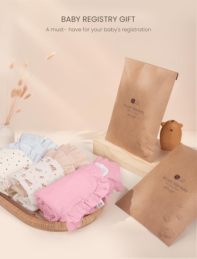 lulumoon Muslin Baby Blanket for Girls: Soft Breathable Cotton Crib Blanket with Ruffle - Lightweight Receiving for Wrap Newborn & Nursery Stroller 40"x36"(Light Pink)