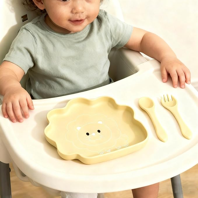 BabyX Baby Silicone Feeder Set, 3-pcs Safari Wildlife-themed Baby Plate with Suction, Spoon and Fork for Babies Toddler Kids, BPA-Free, Baby Utensils Feeding Supplies, Microwave and Dishwasher Safe