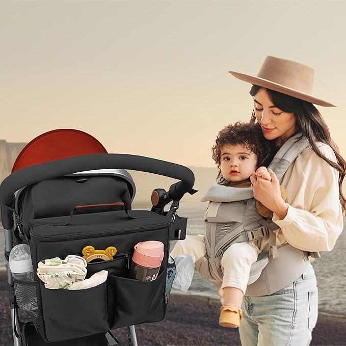 Miracle Maby Stroller Organizer Bag for Mom, Baby Trolley Bag - Compatible with Any Stroller - Multifunctional Large Capacity(Black-12L)