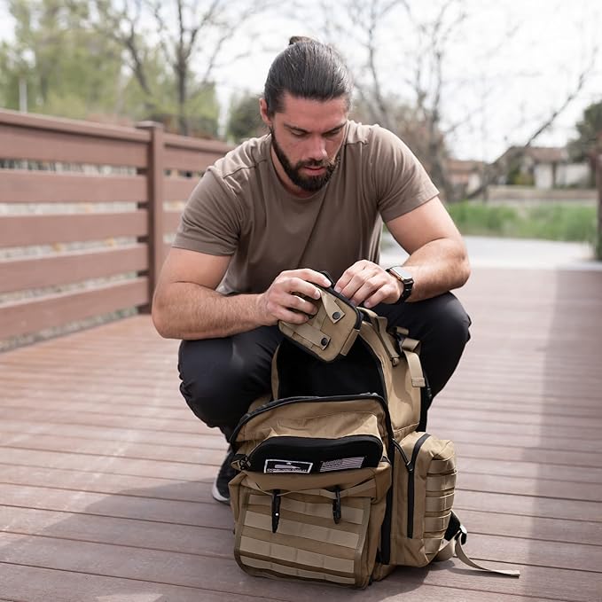 Tan Dad Diaper Bag - Molle-Style Military Diaper Backpack Made of Rugged 900D Waterproof Polyester with Wider Extra-Long Straps, Pouch for Dirty Diapers, Baby Wipes Dispenser & Insulated Pockets