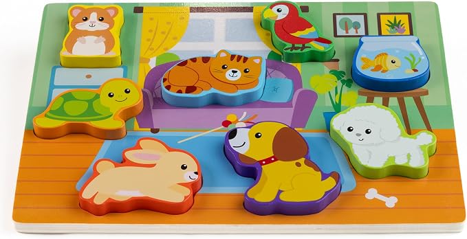 Jasey's Toy Chest Wooden Pets Puzzle & Play Set | 9-Piece Chunky Animal Puzzle with Board | Educational Toy for Toddlers Ages 12+ Months