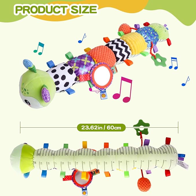 Baby Toys 0-6 Months, Musical Toys for Green Caterpillar, Infant Stuffed Animal Soft Sensory Toys with Crinkle、 Rattles and Textures, Tummy Time Toys for Newborn Boys Girls 0 3 6 12 Months